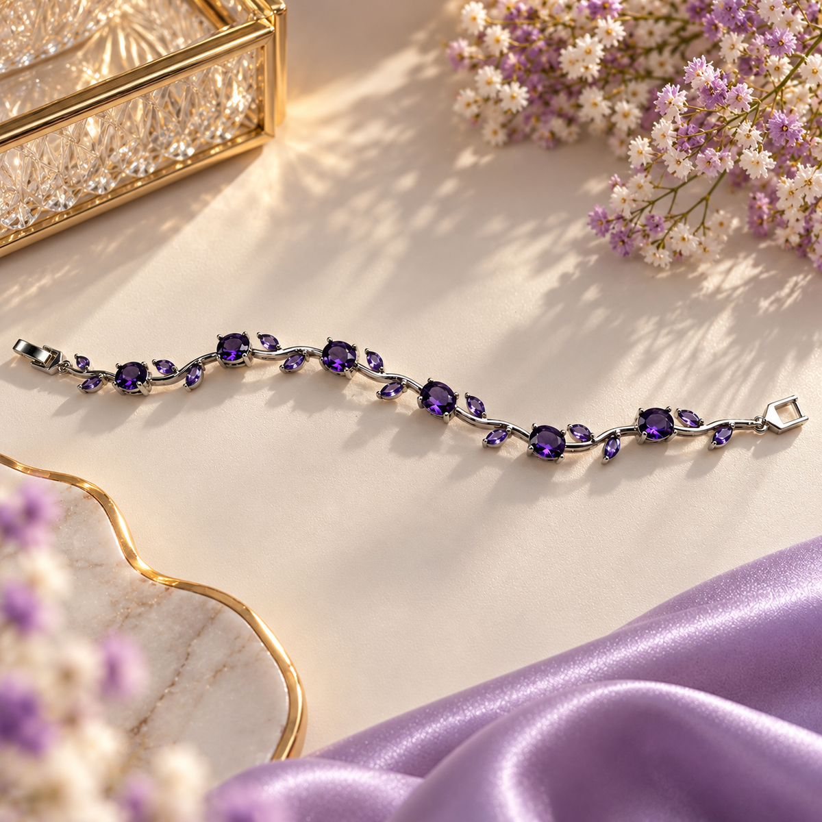 Purple Crystal Vine Bracelet – Elegant Silver-Tone Leaf Design
