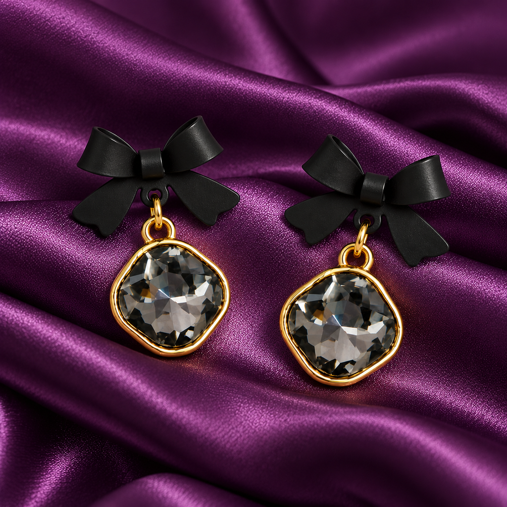 Black Bow Crystal Drop Earrings for Women – Elegant Gold-Tone Statement Earrings