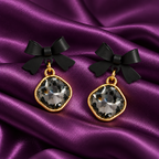 Black Bow Crystal Drop Earrings for Women – Elegant Gold-Tone Statement Earrings