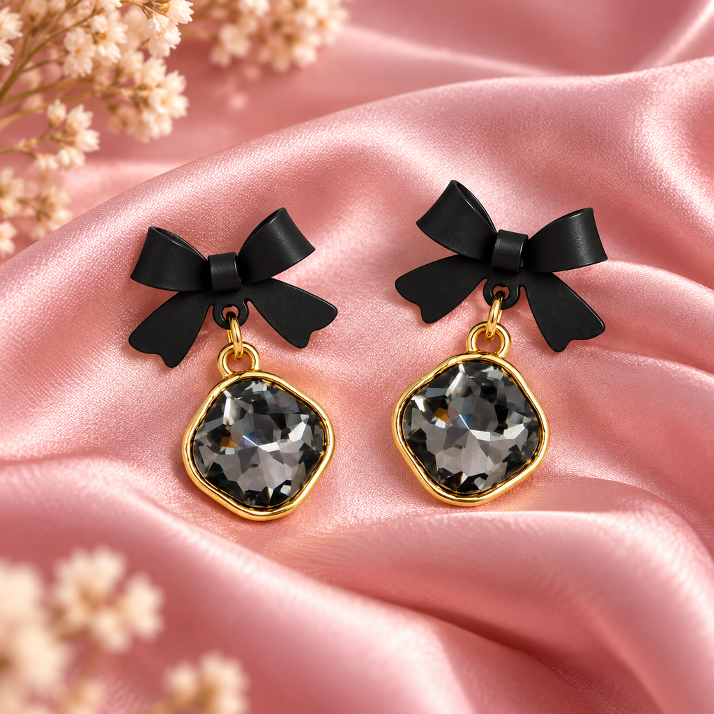 Black Bow Crystal Drop Earrings for Women – Elegant Gold-Tone Statement Earrings