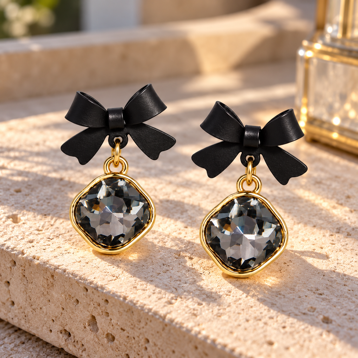 Black Bow Crystal Drop Earrings for Women – Elegant Gold-Tone Statement Earrings