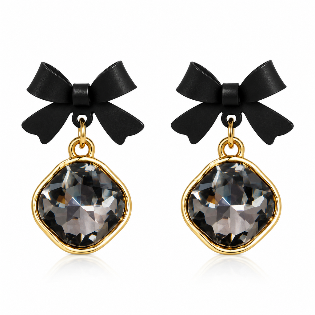 Black Bow Crystal Drop Earrings for Women – Elegant Gold-Tone Statement Earrings
