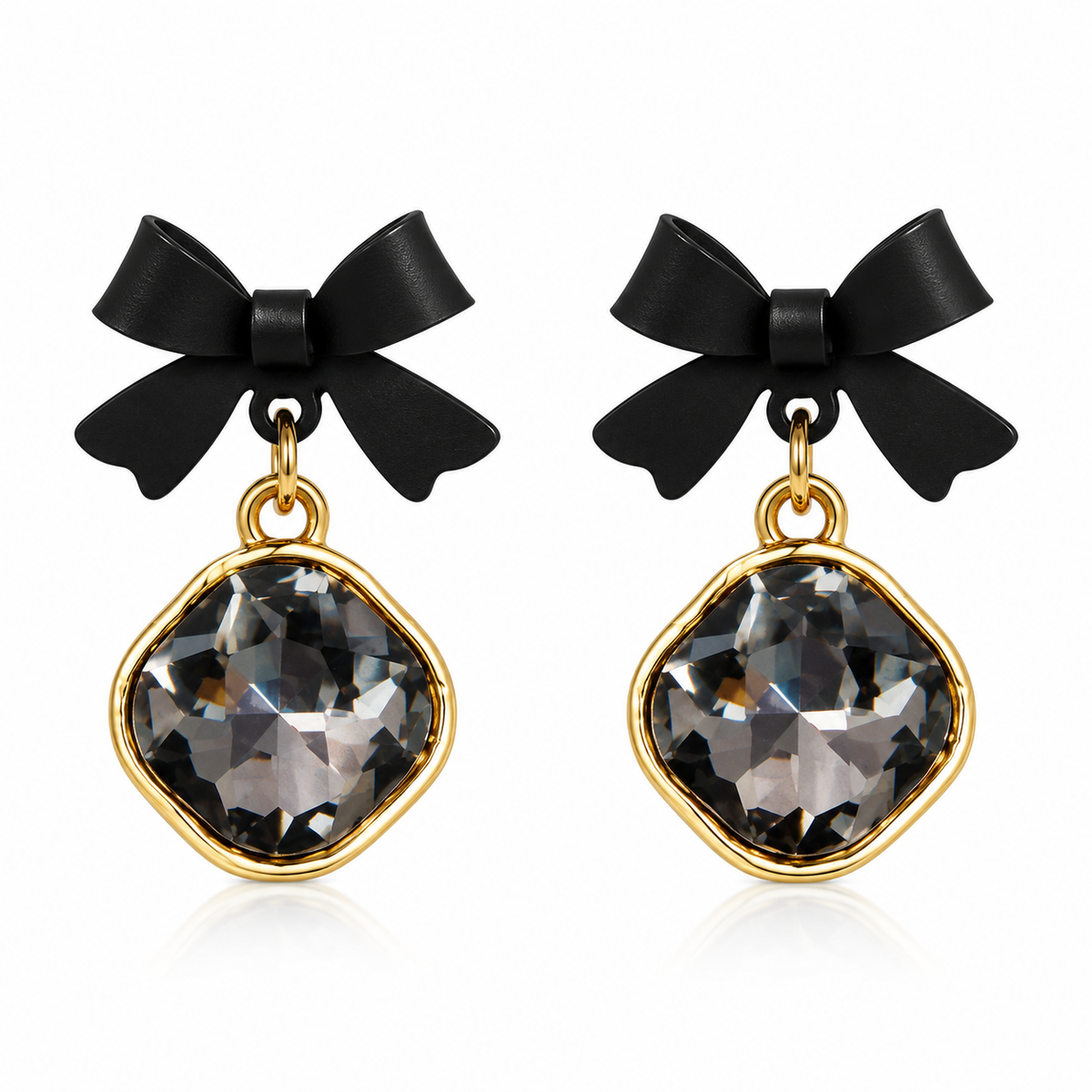 Black Bow Crystal Drop Earrings for Women – Elegant Gold-Tone Statement Earrings
