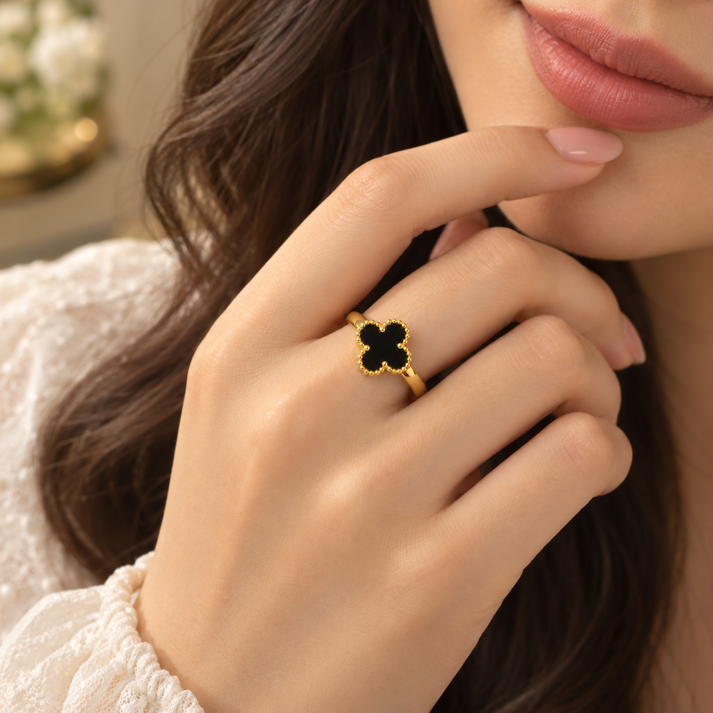 BELVYA Black Clover Adjustable Ring for Women & Girls – Elegant Golden Fashion Jewellery