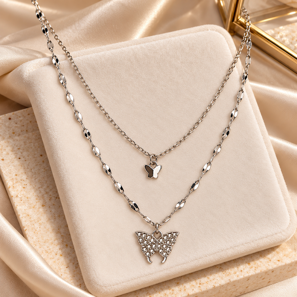 Silver-Tone Double Layer Butterfly Pendant Necklace for Women