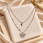 Silver-Tone Double Layer Butterfly Pendant Necklace for Women
