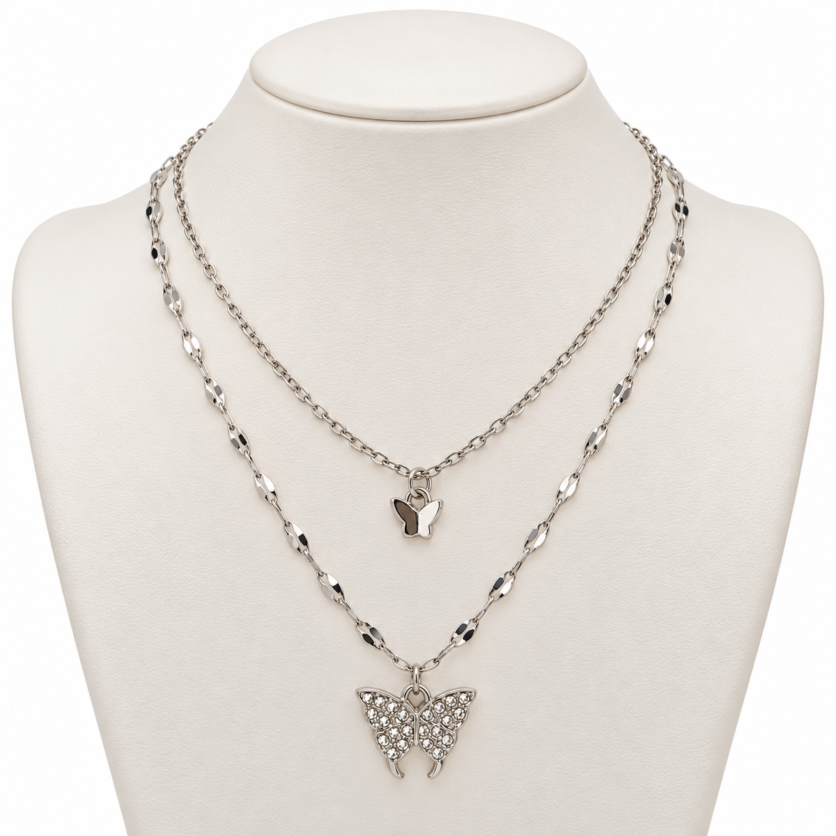 Silver-Tone Double Layer Butterfly Pendant Necklace for Women