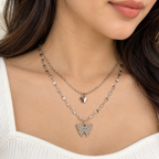 Silver-Tone Double Layer Butterfly Pendant Necklace for Women