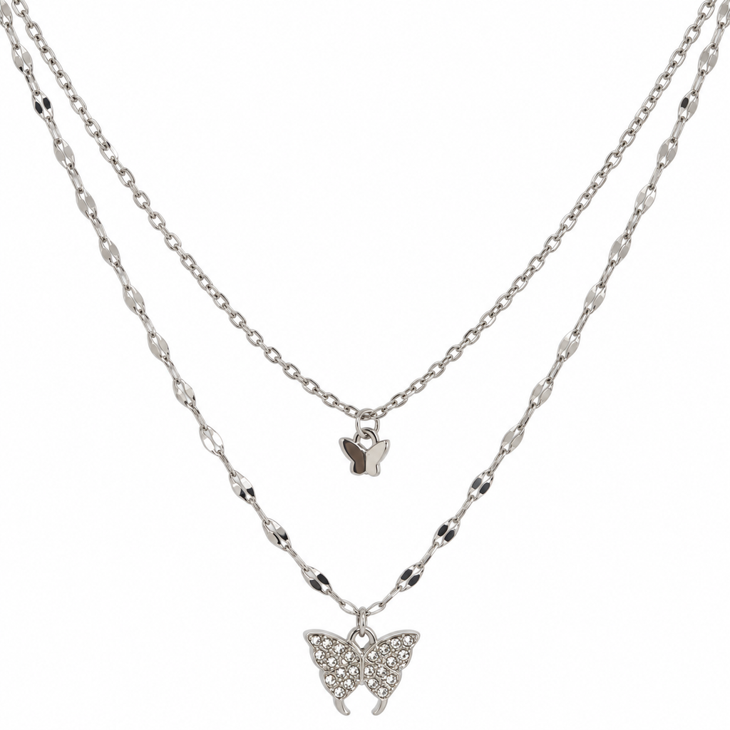 Silver-Tone Double Layer Butterfly Pendant Necklace for Women