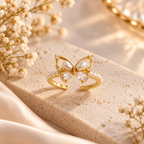BELVYA Golden Butterfly Ring for Women & Girls with Pearl and Crystal Details | Adjustable Open Ring