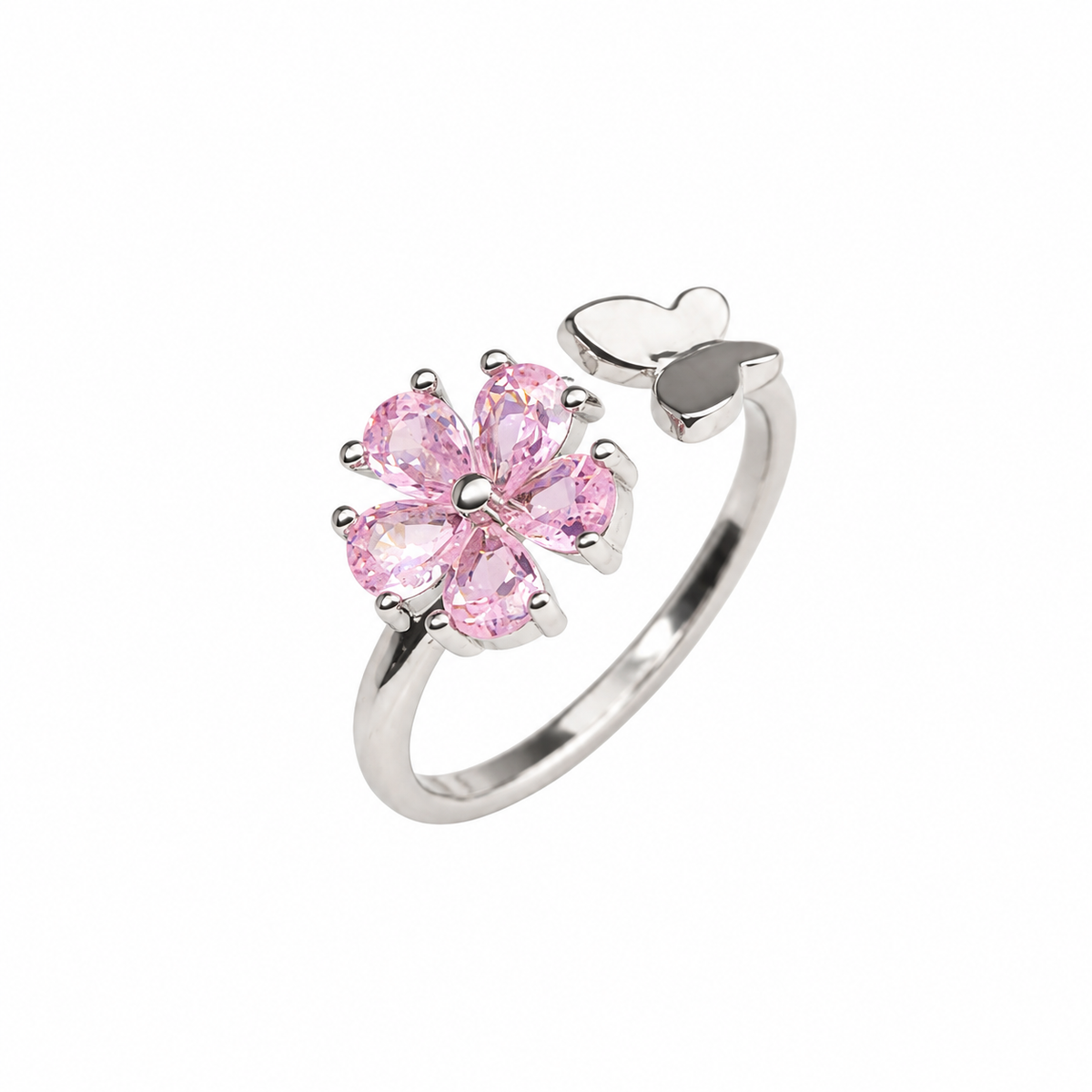 Women’s Pink Floral Stone Silver-Tone Adjustable Ring with Butterfly Design