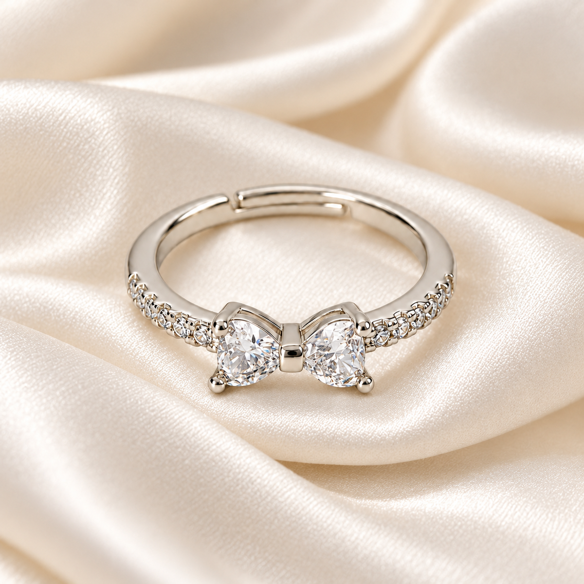 Elegant Silver Bow Crystal Ring for Women – Sparkling Adjustable Artificial Jewellery