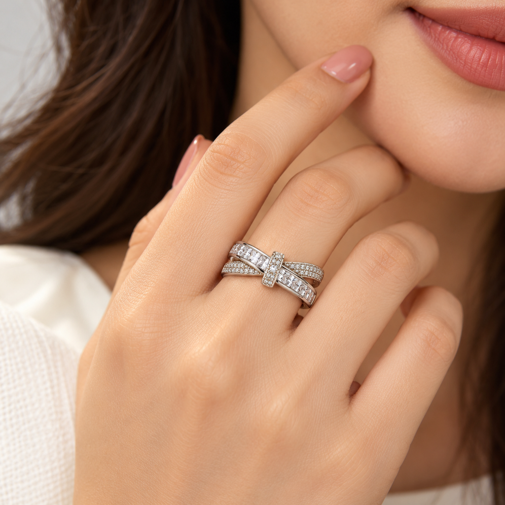 BELVYA Luxe Crossover Crystal Ring – Silver-Tone Adjustable Ring