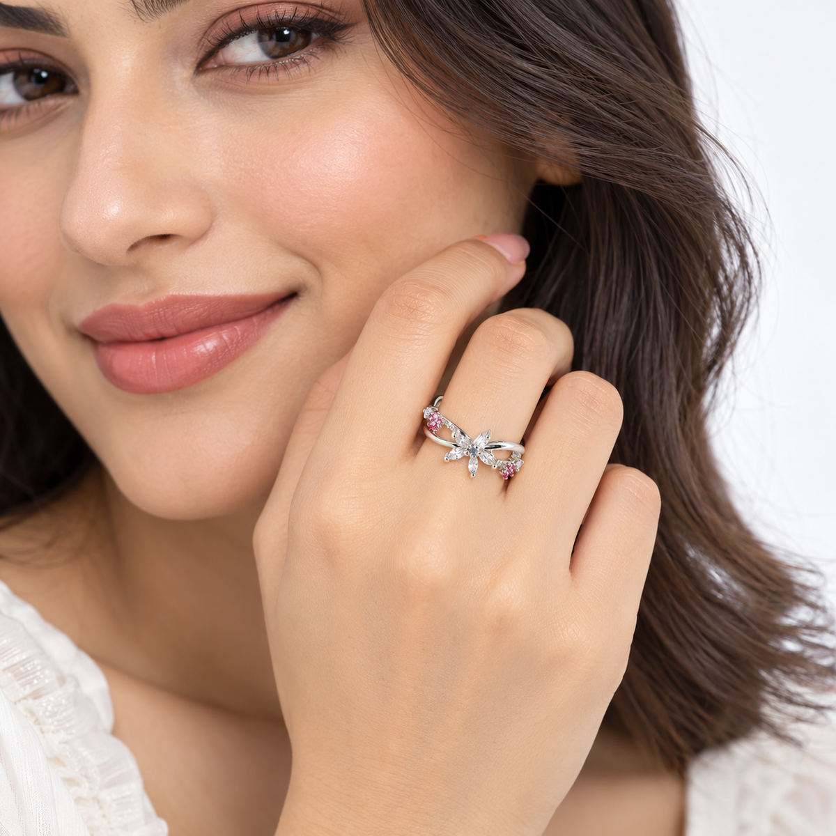Floral Pink Crystal Silver-Tone Adjustable Ring