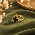 BELVYA Black Clover Adjustable Ring for Women & Girls – Elegant Golden Fashion Jewellery