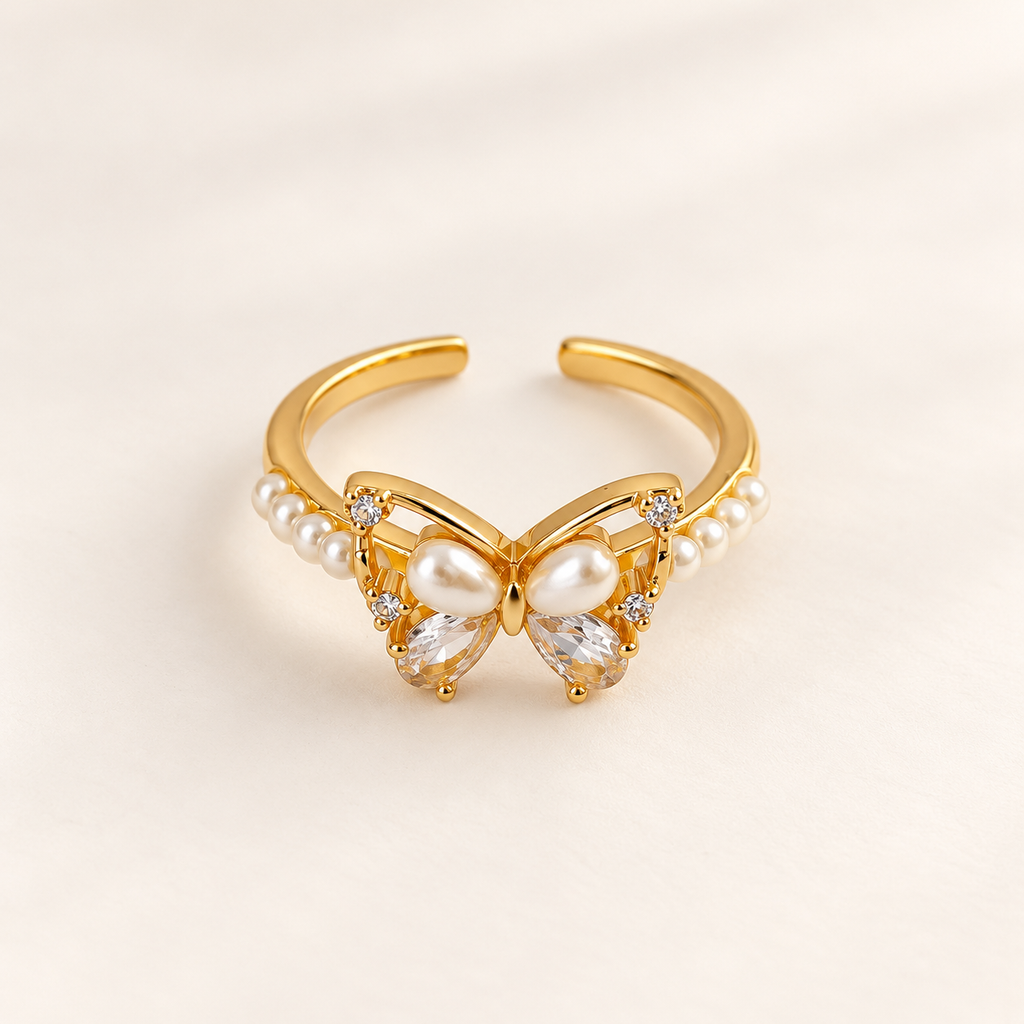 BELVYA Golden Butterfly Ring for Women & Girls with Pearl and Crystal Details | Adjustable Open Ring
