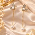 Gold-Tone Crystal Heart Drop Earrings with Pearl Accents