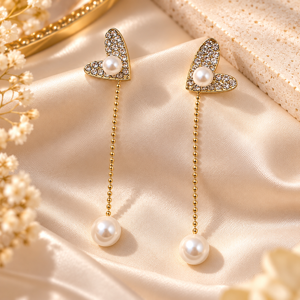 Gold-Tone Crystal Heart Drop Earrings with Pearl Accents
