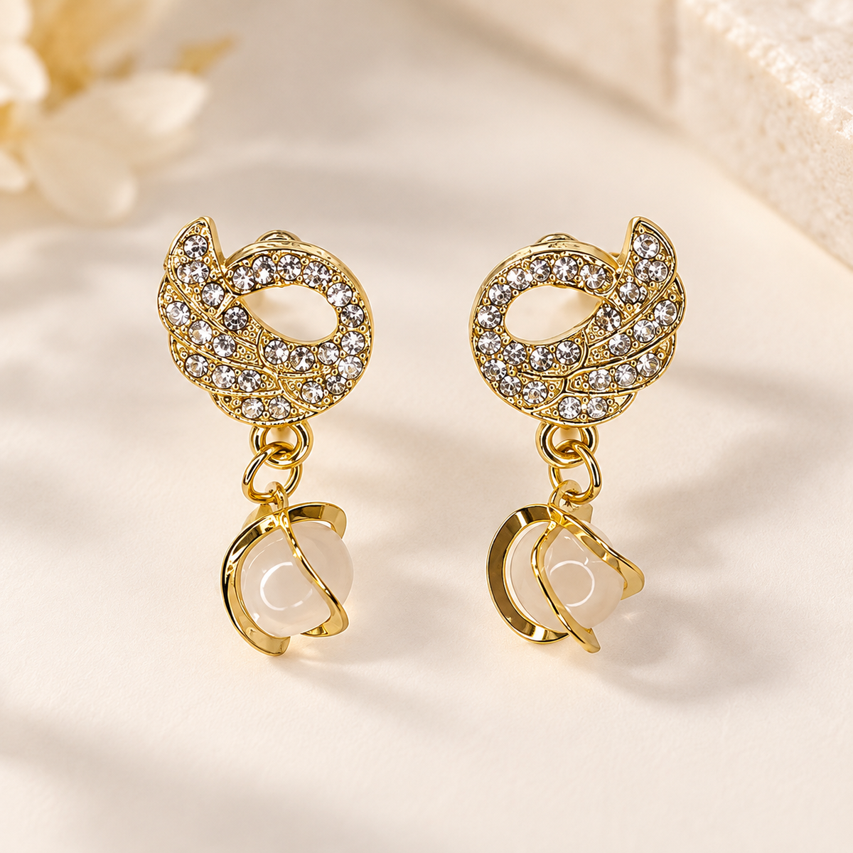 Gold-Tone Crystal Swirl Drop Earrings with Pearl-Look Accent