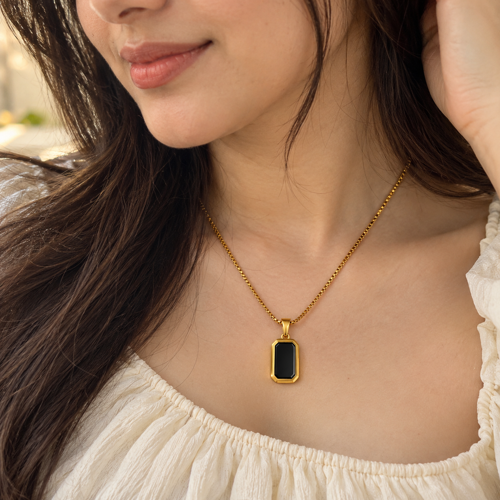 BELVYA Elegant Black Stone Gold-Tone Pendant Necklace for Women