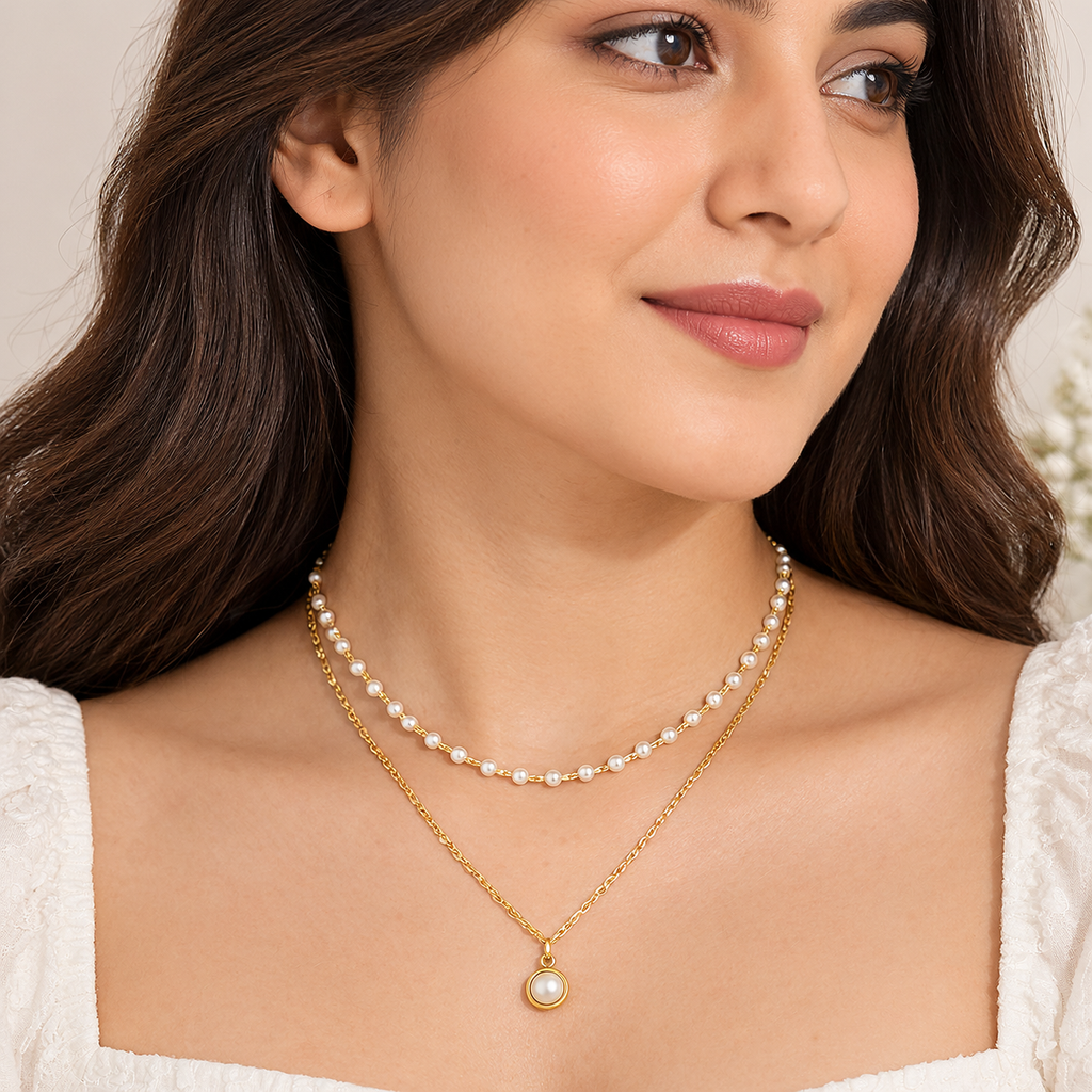 Elegant Pearl Layered Necklace Set for Women – Gold-Tone Artificial Jewellery
