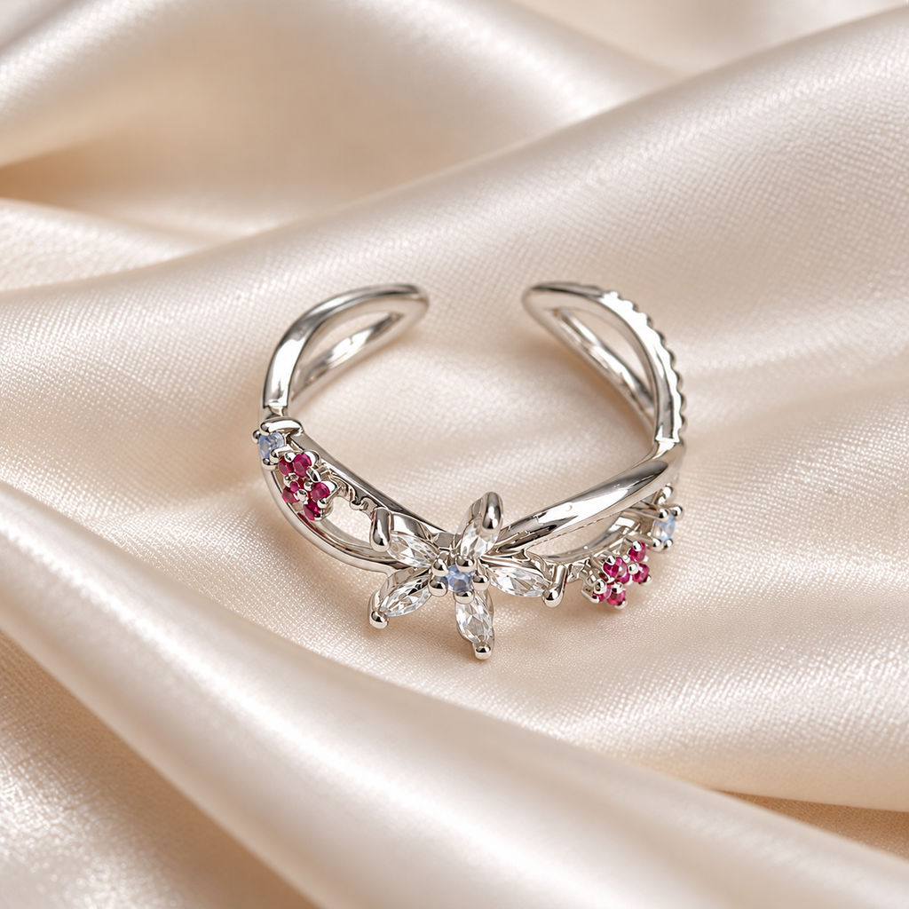 Floral Pink Crystal Silver-Tone Adjustable Ring