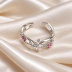 Floral Pink Crystal Silver-Tone Adjustable Ring