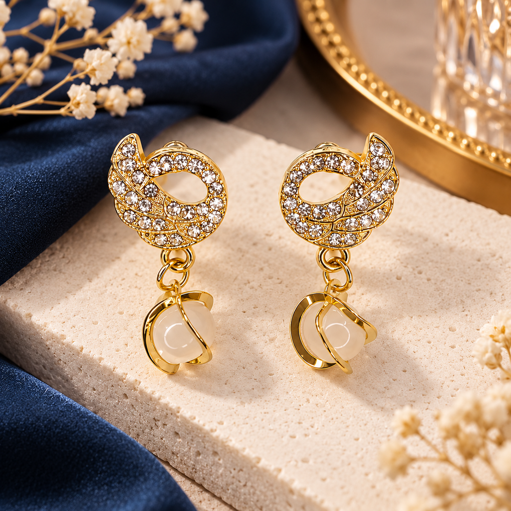 Gold-Tone Crystal Swirl Drop Earrings with Pearl-Look Accent