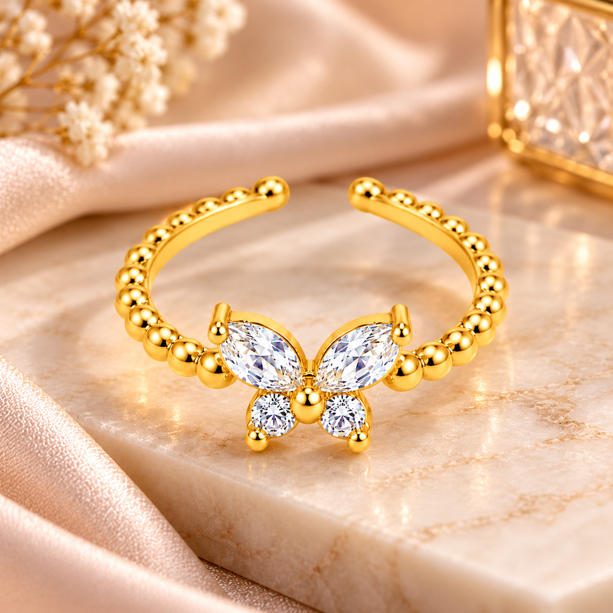 Golden Butterfly Floral Ring for Women – Crystal Stone Embellished Adjustable Artificial Jewellery