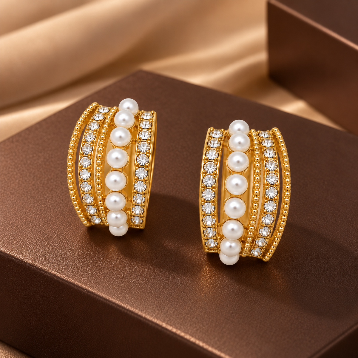Gold-Tone Pearl & Crystal Hoop Earrings for Women – Elegant Artificial Jewellery