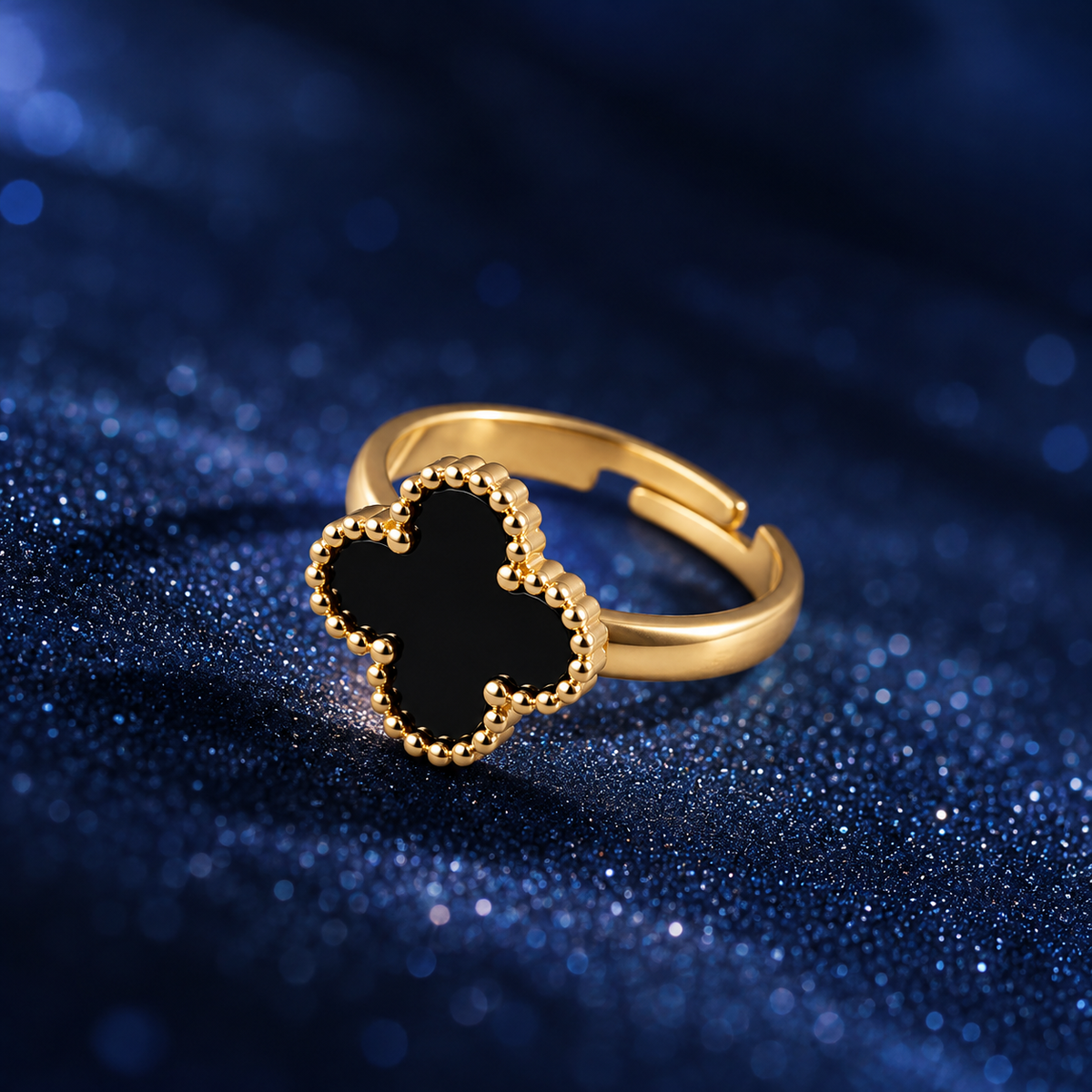BELVYA Black Clover Adjustable Ring for Women & Girls – Elegant Golden Fashion Jewellery