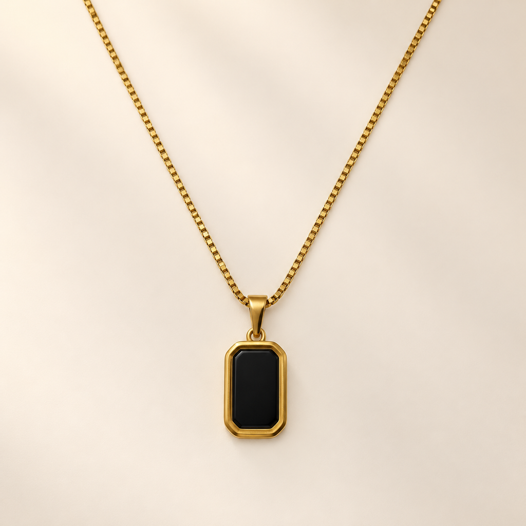 BELVYA Elegant Black Stone Gold-Tone Pendant Necklace for Women