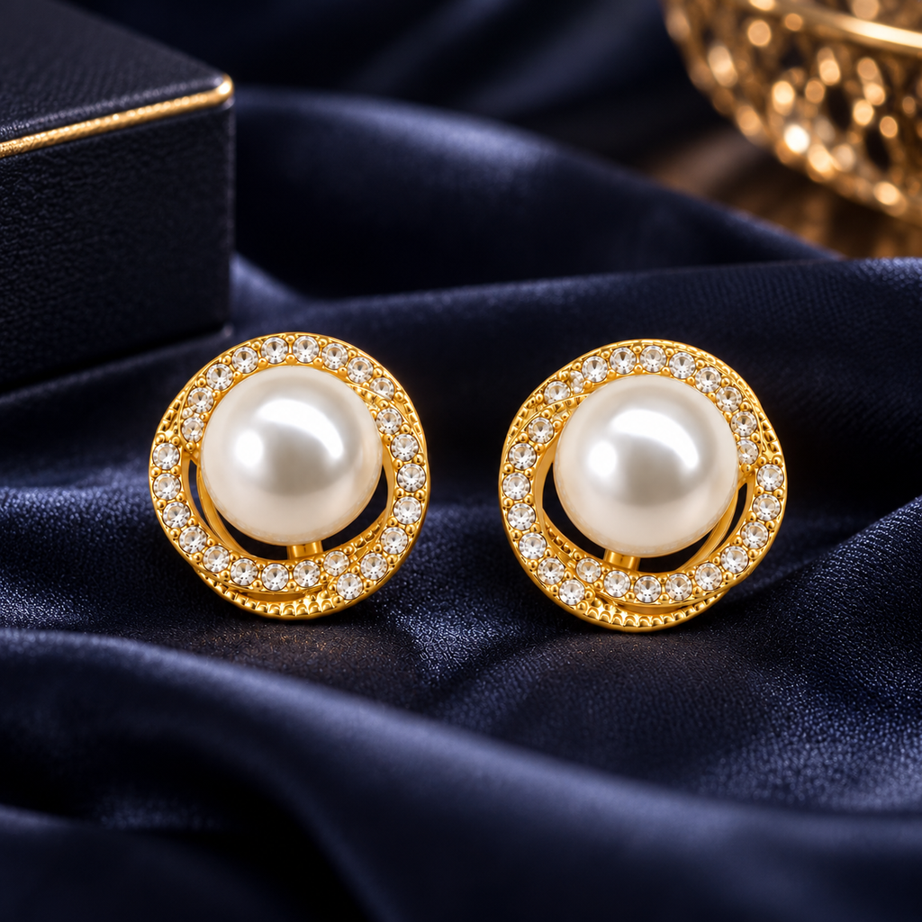 Golden Pearl Stud Earrings for Women – Crystal Halo Elegant Artificial Jewellery