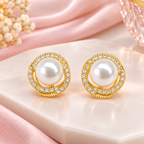 Golden Pearl Stud Earrings for Women – Crystal Halo Elegant Artificial Jewellery