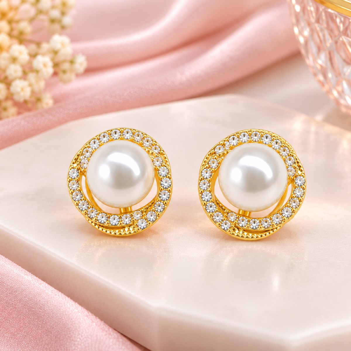 Golden Pearl Stud Earrings for Women – Crystal Halo Elegant Artificial Jewellery