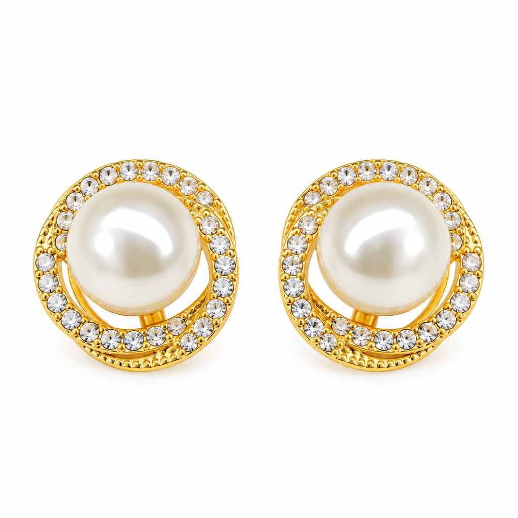 Golden Pearl Stud Earrings for Women – Crystal Halo Elegant Artificial Jewellery