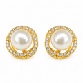 Golden Pearl Stud Earrings for Women – Crystal Halo Elegant Artificial Jewellery