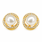Golden Pearl Stud Earrings for Women – Crystal Halo Elegant Artificial Jewellery