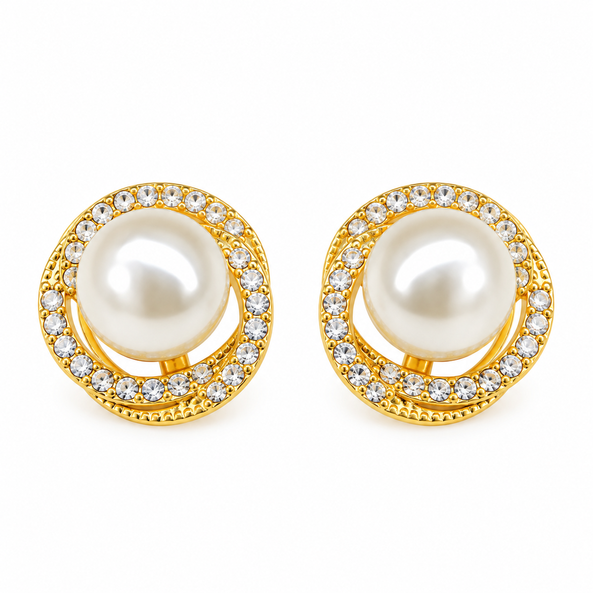 Golden Pearl Stud Earrings for Women – Crystal Halo Elegant Artificial Jewellery