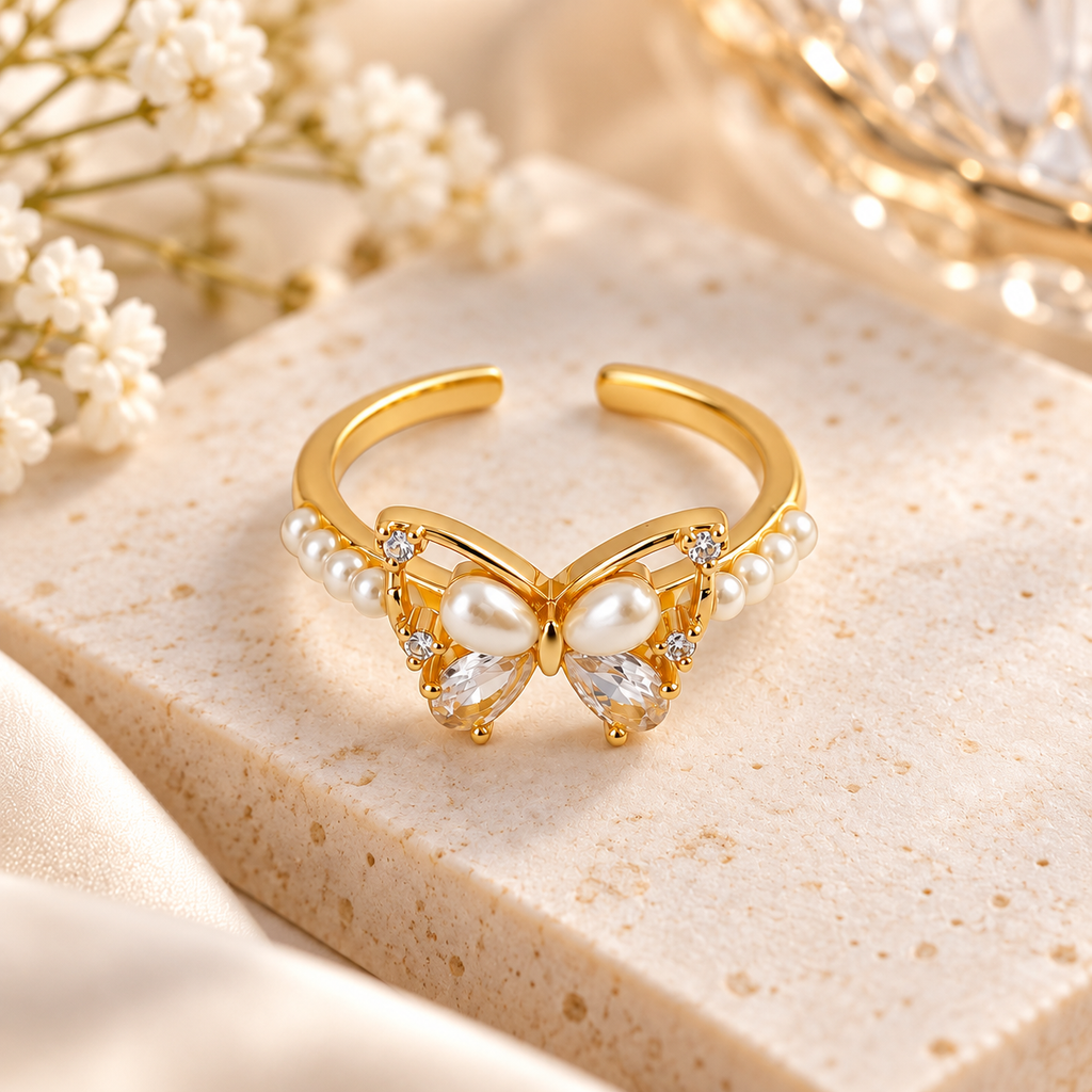 BELVYA Golden Butterfly Ring for Women & Girls with Pearl and Crystal Details | Adjustable Open Ring