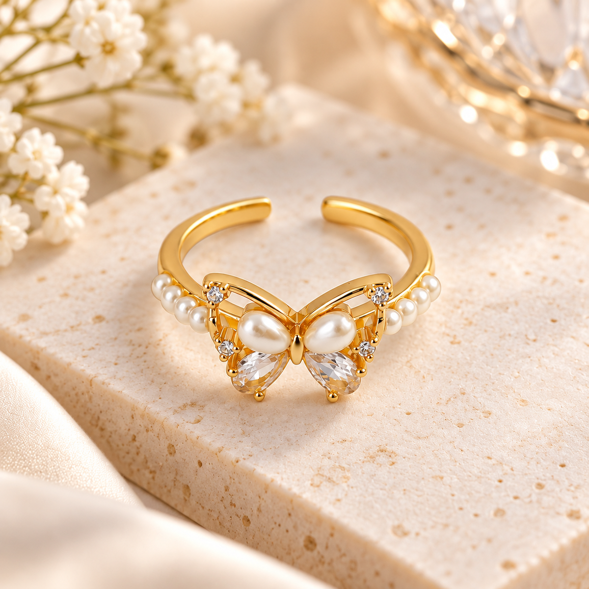 BELVYA Golden Butterfly Ring for Women & Girls with Pearl and Crystal Details | Adjustable Open Ring