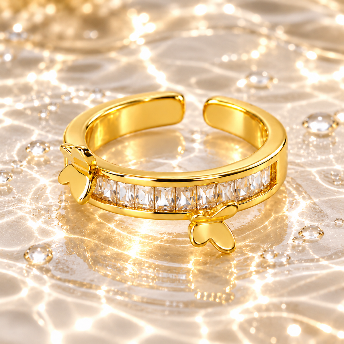 Women’s Gold-Tone Artificial Ring with Clear Stones & Butterfly Design | Adjustable Fashion Jewellery