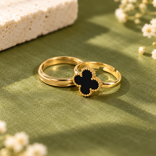 BELVYA Black Clover Adjustable Ring for Women & Girls – Elegant Golden Fashion Jewellery