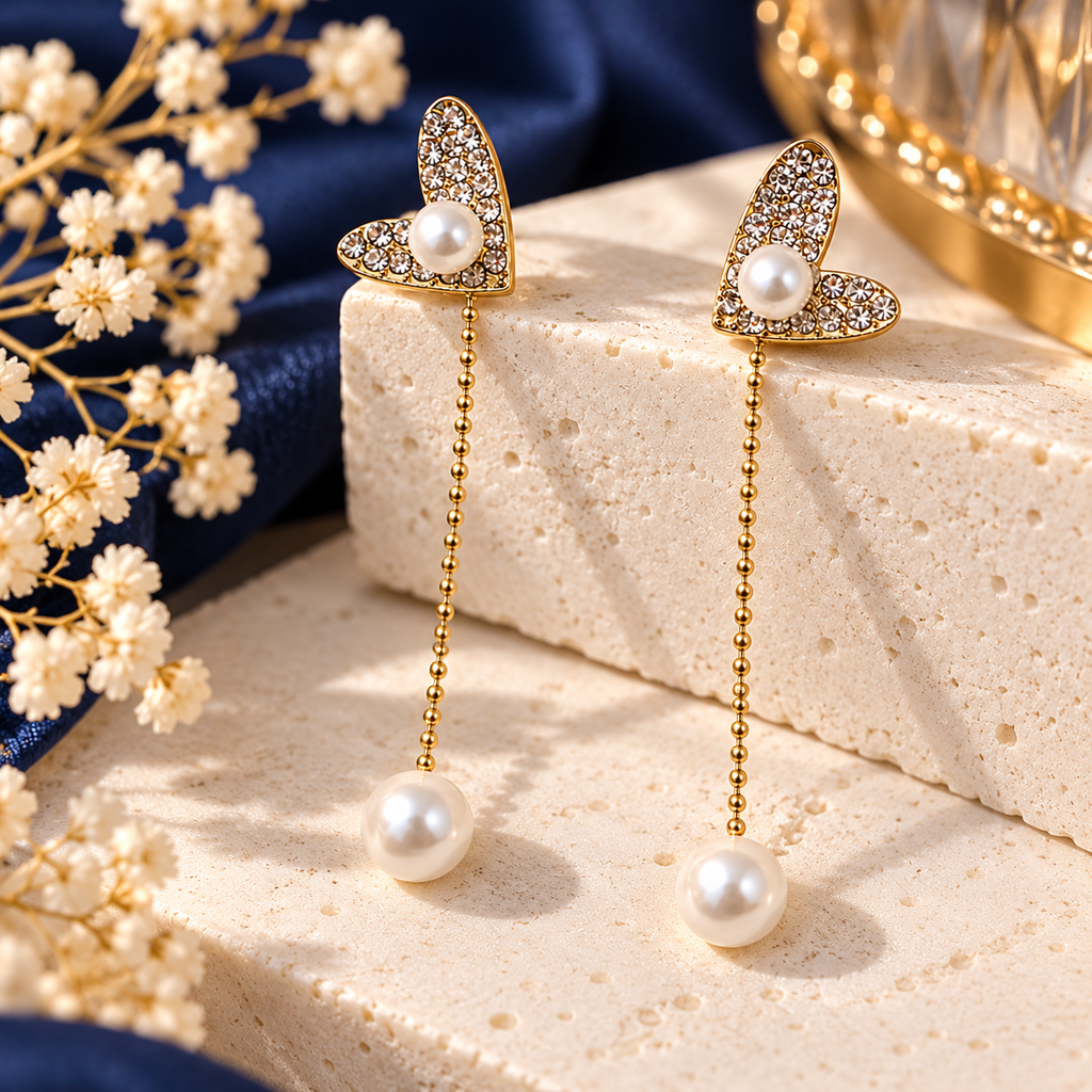 Gold-Tone Crystal Heart Drop Earrings with Pearl Accents