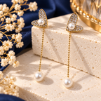Gold-Tone Crystal Heart Drop Earrings with Pearl Accents