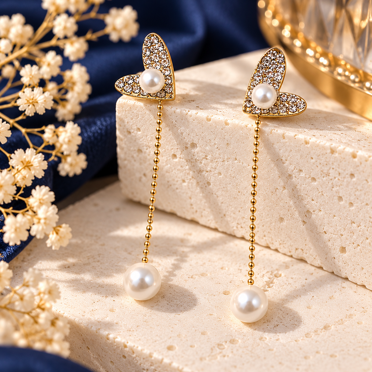 Gold-Tone Crystal Heart Drop Earrings with Pearl Accents