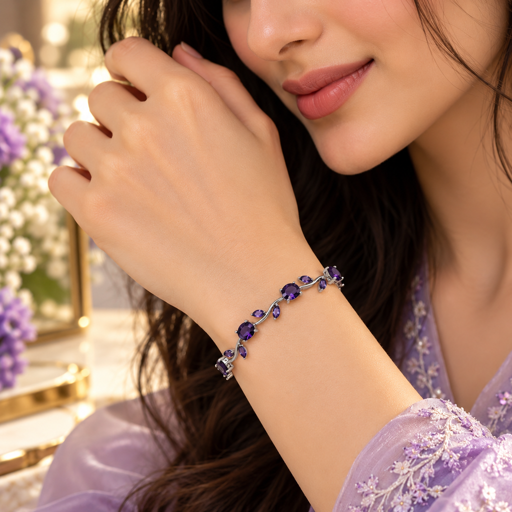 Purple Crystal Vine Bracelet – Elegant Silver-Tone Leaf Design