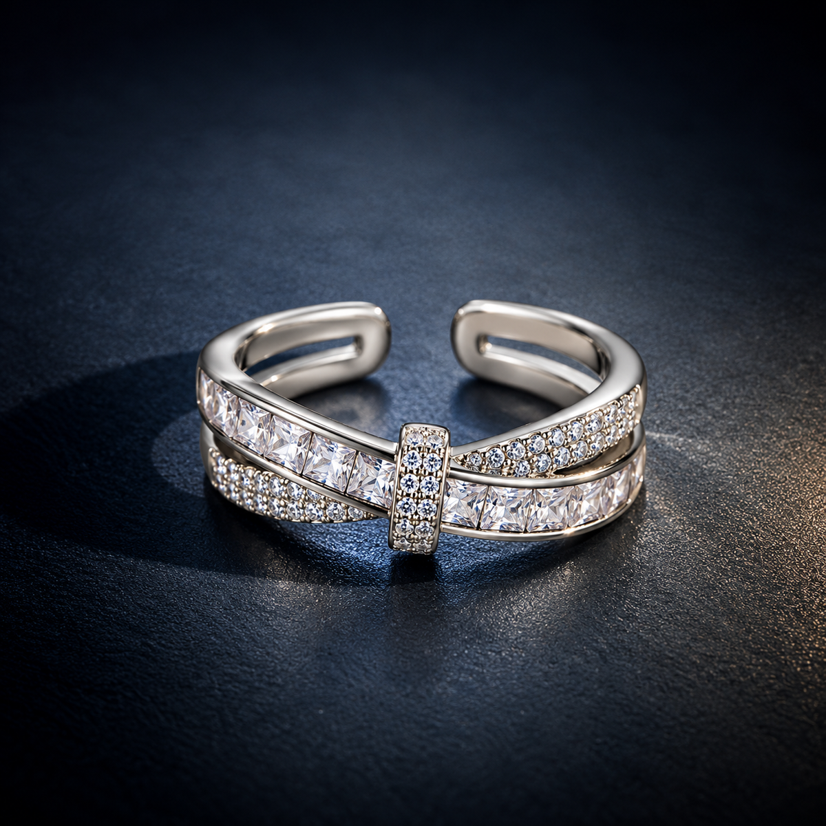 BELVYA Luxe Crossover Crystal Ring – Silver-Tone Adjustable Ring
