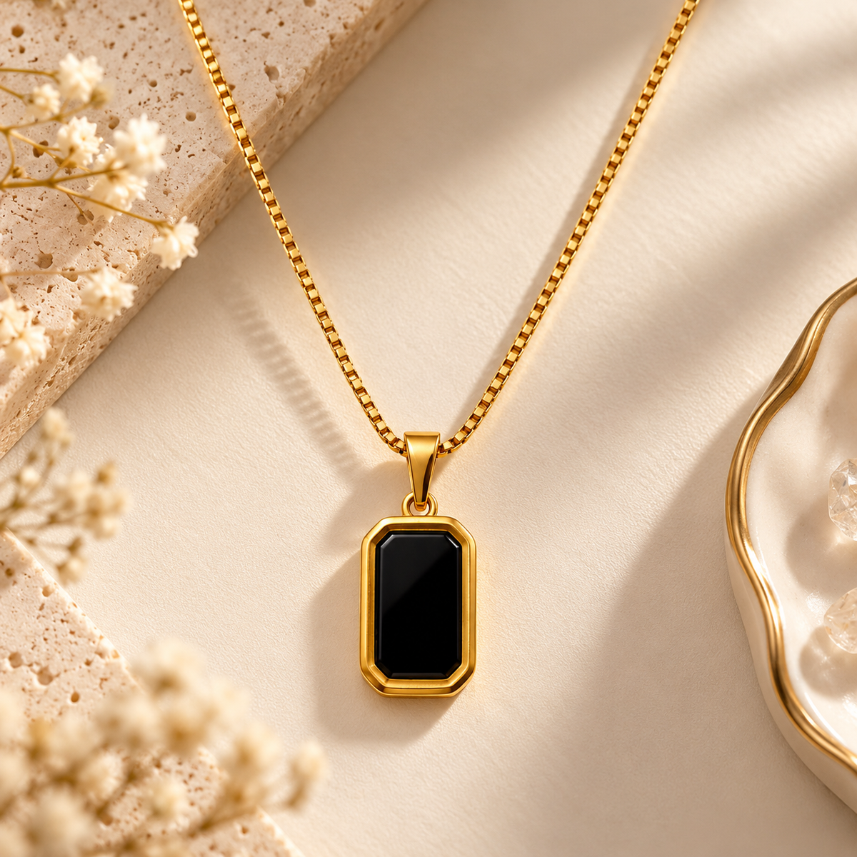 BELVYA Elegant Black Stone Gold-Tone Pendant Necklace for Women