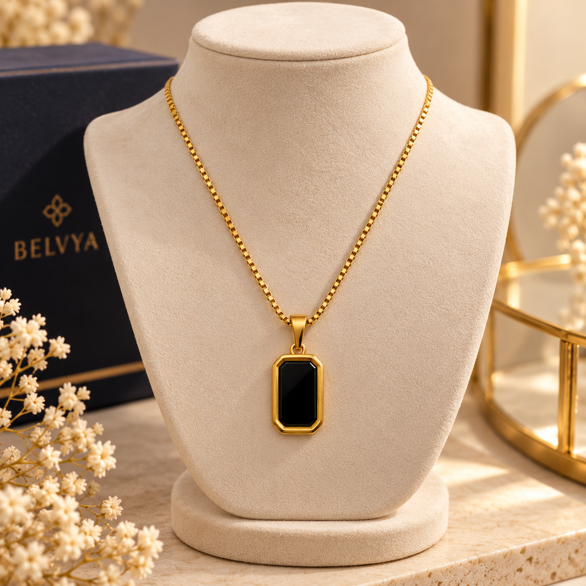 BELVYA Elegant Black Stone Gold-Tone Pendant Necklace for Women